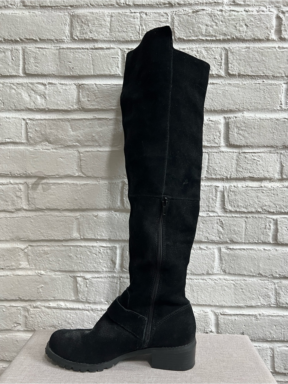 SOLE SOCIETY Black Suede Over the Knee Boots with Low heel Lug sole Buckles - Picture 9 of 16